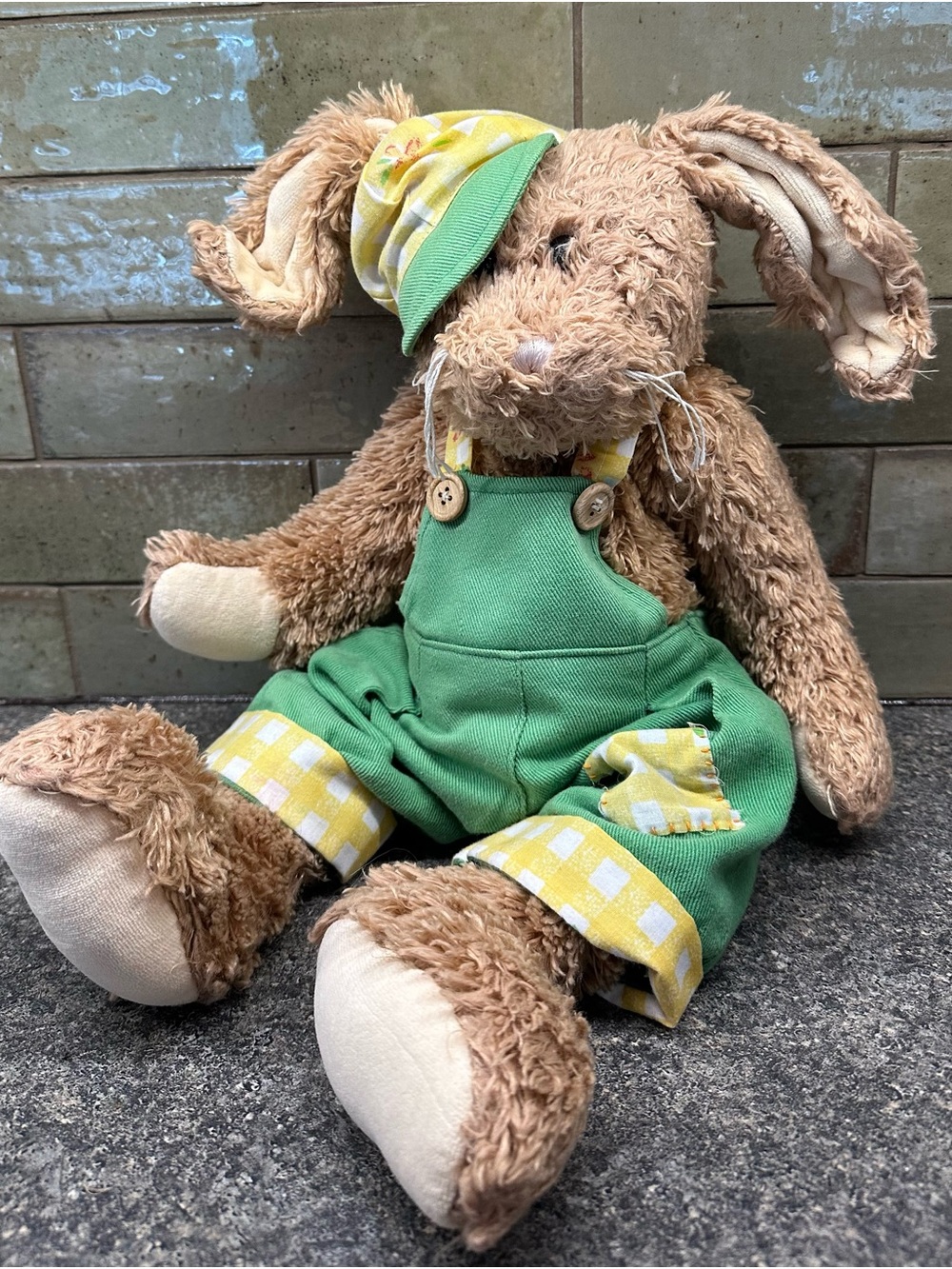 Plush Bunny in Green Overalls with Yellow Accents
